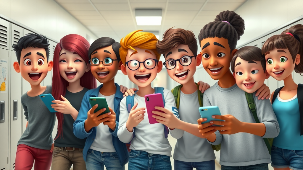 diverse group of teens eagerly looking at phones, representing peer pressure and teen social media addiction, 3D cartoon style