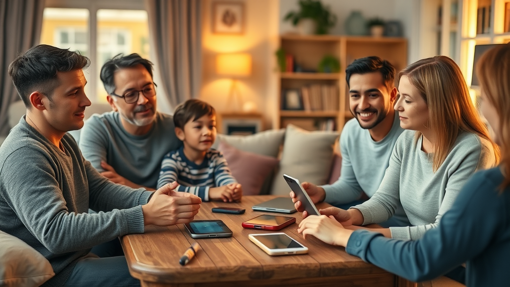 family meeting to set media boundaries and healthy social media usage, supporting teens with social media addiction, photorealistic high fidelity