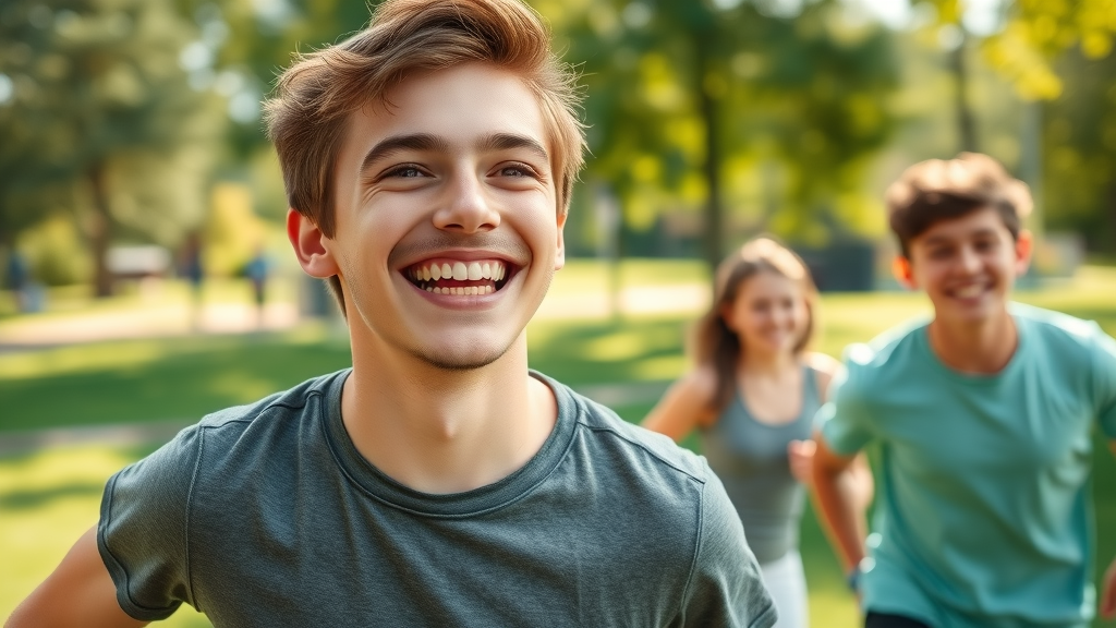 hopeful teenage boy smiling and playing outside with friends, representing positive change after teen social media addiction recovery, photorealistic