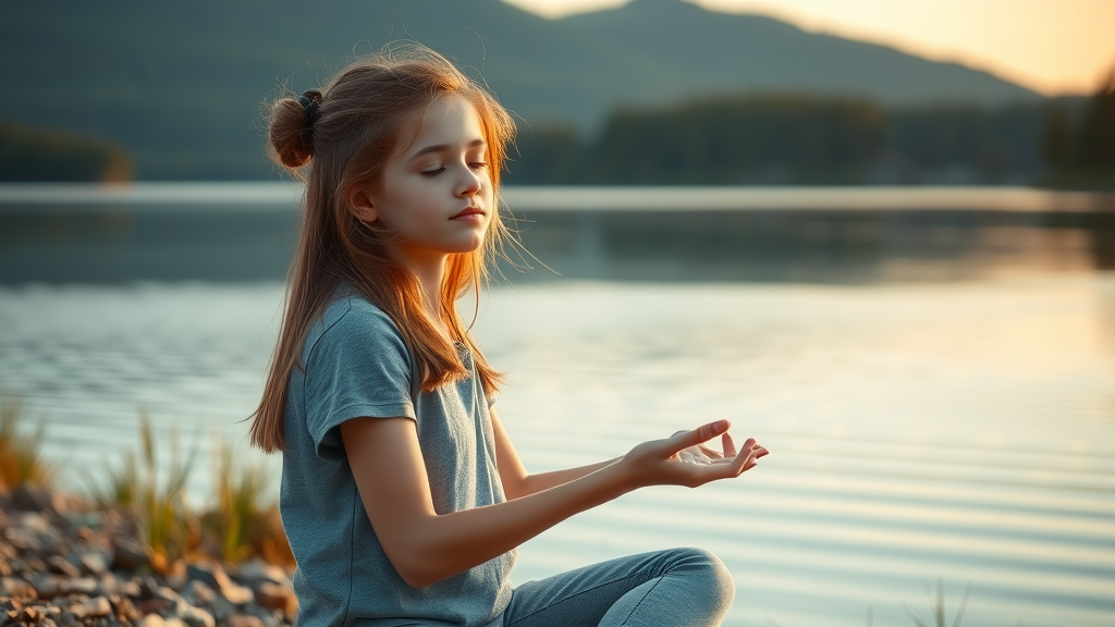 teen girl meditating in nature, serene and unplugged, symbolizing mindfulness after overcoming social media addiction, cinematic detailed high fidelity