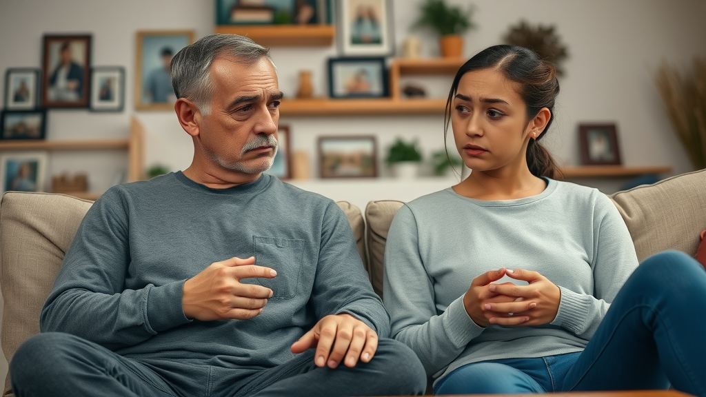 Concerned parent discusses signs of teen substance abuse with their teenager in a cozy living room