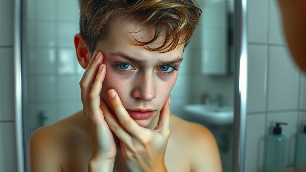 Teenager with bloodshot eyes displaying physical warning signs of drug abuse in a bathroom mirror