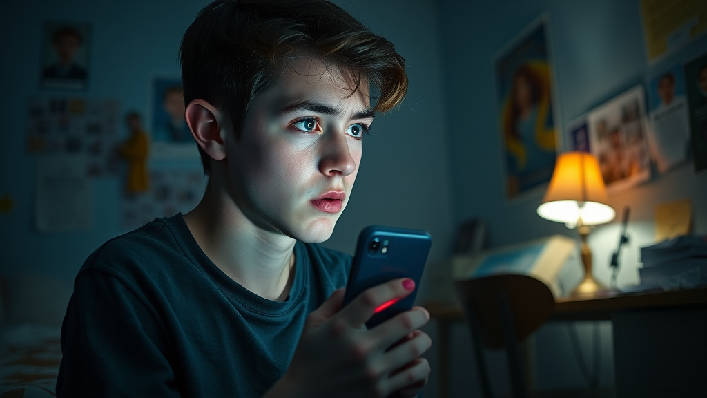 Isolated teenager looking at phone in bedroom displaying warning signs of drug abuse