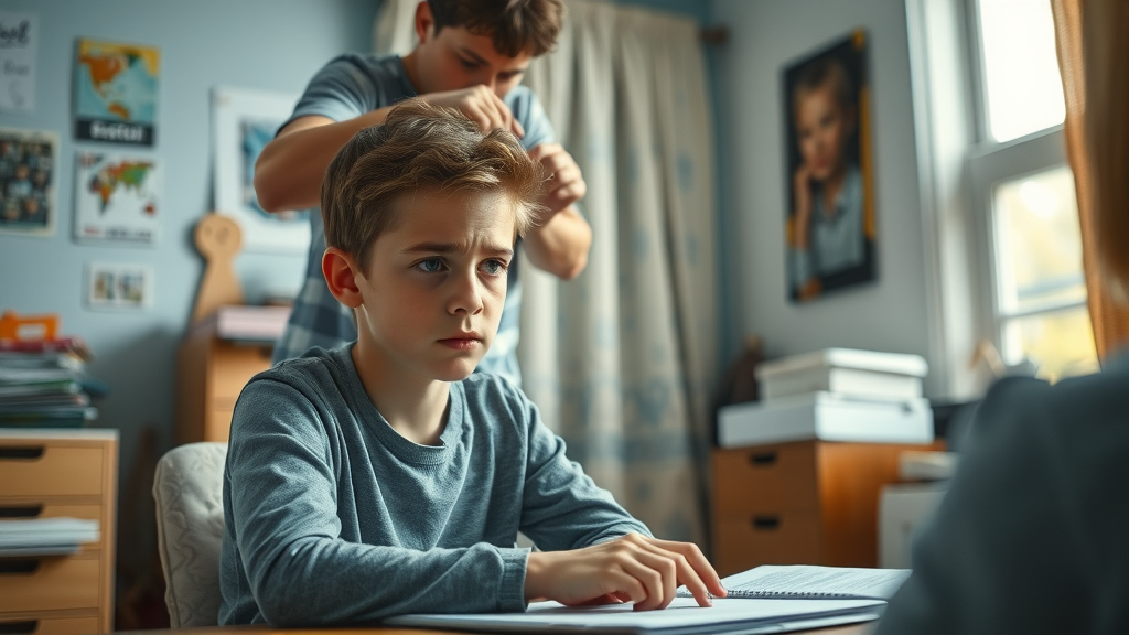 teenage boy sitting at desk with authoritarian parent during tense homework session