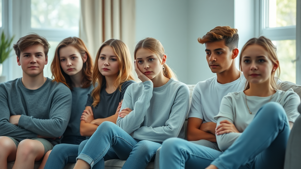 group of teenagers reflecting on authoritarian parenting in lounge