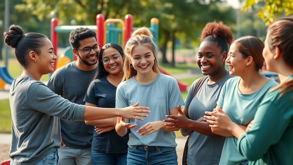 Volunteering for troubled teens, uplifting diverse youth and adult volunteers engaging joyfully outdoors in a public park setting with playground equipment.