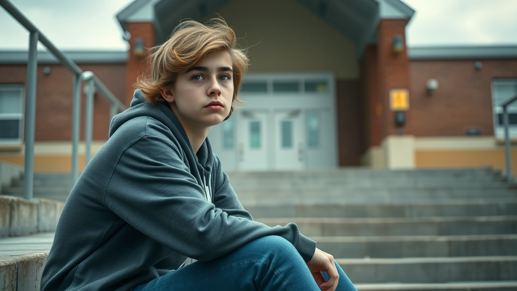 Troubled teen sitting alone in front of high school, reflecting the challenges teens face in today