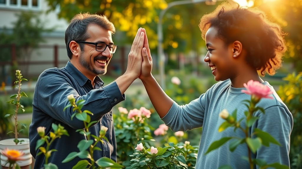 Encouraging mentor and teen sharing a high five during a community gardening project, showing the power of volunteer service.
