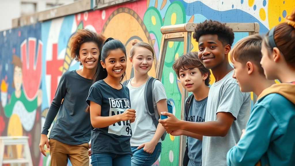 Dynamic group of teens painting a bright community mural as part of a youth program volunteer activity.