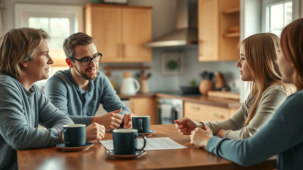 Candid family discussion about teen substance use prevention — parents and teen in supportive conversation at a kitchen table, coffee mugs, morning light, warm tones, high realism
