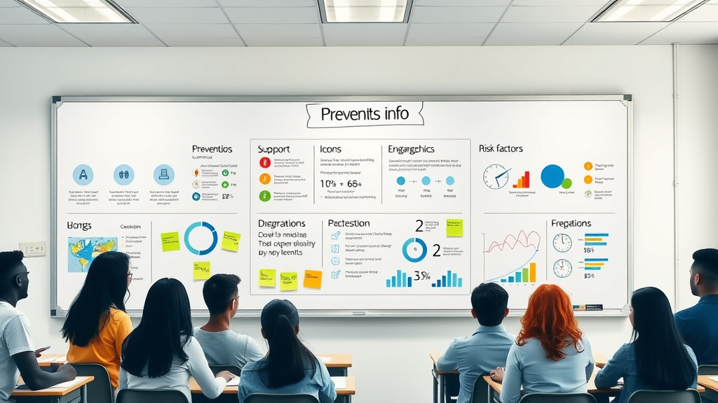 Infographics about youth substance use prevention, risk and protective factors, displayed on a classroom whiteboard with diverse teen silhouettes, vibrant icons, and sticky notes