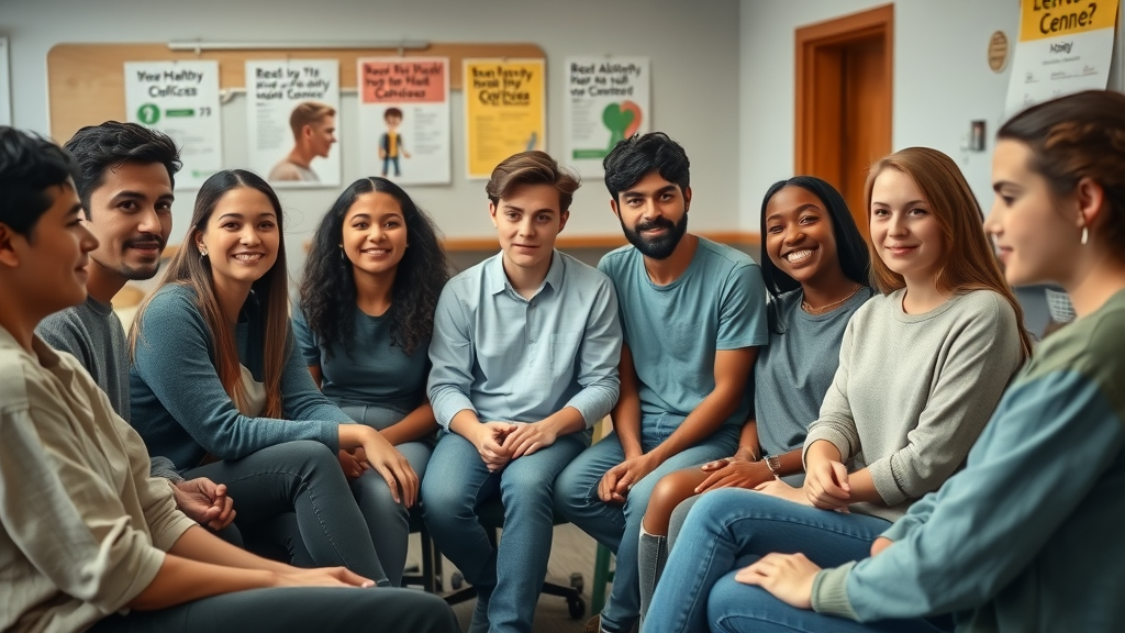 Diverse group of teens discussing risky behaviors and protective factors for youth substance use prevention at a community center