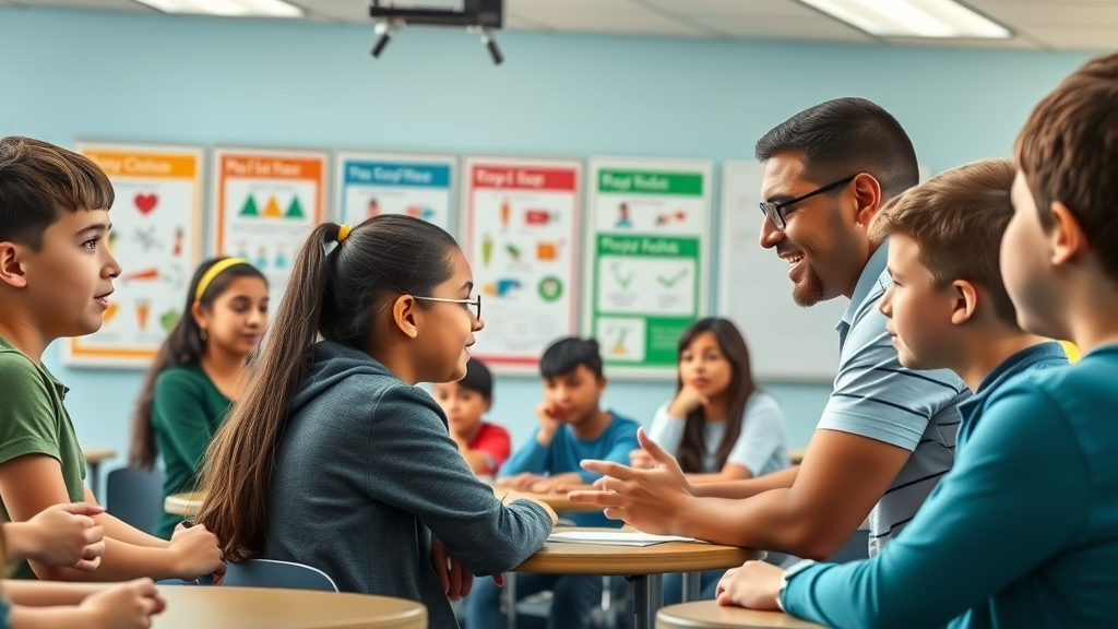 School-based prevention program for youth substance use, teacher guiding students in interactive, healthy choice activities