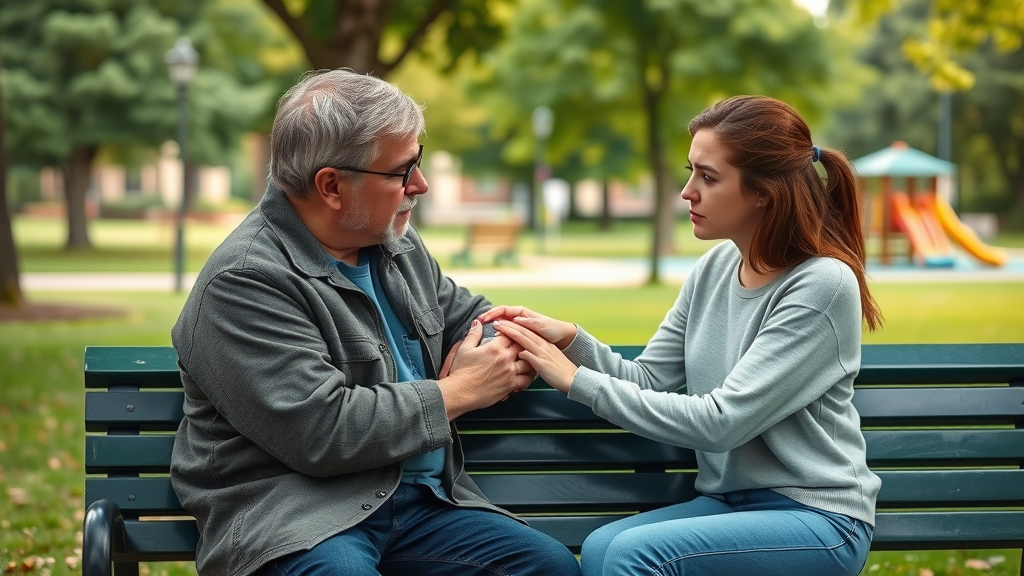 Supportive parent talking to concerned teen about possible substance abuse on a park bench, calm green park background
