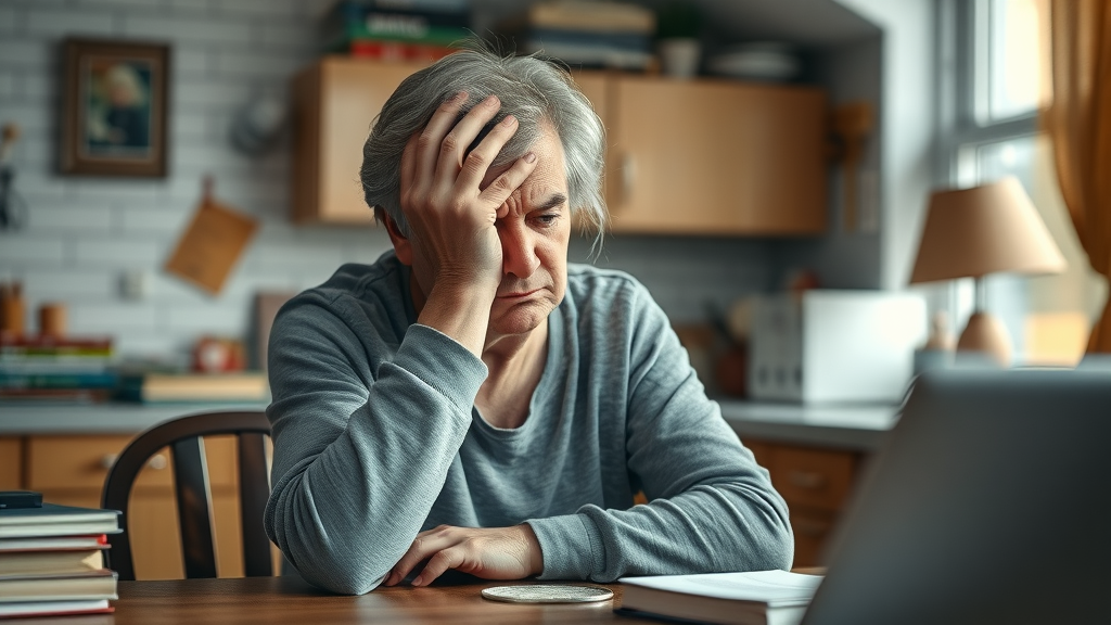 parent burnout raising teens, stressed parent sitting at kitchen table with worried expression, holding head in hands, cluttered home and teen books in background