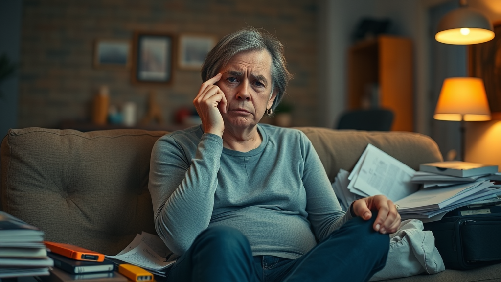 parent burnout raising teens, emotional parent overwhelmed and tired sitting on couch surrounded by teen clutter