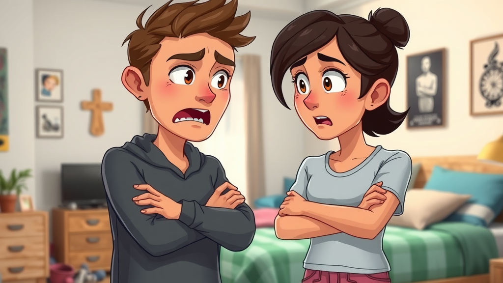 parent burnout raising teens, teenager arguing with parent in a messy bedroom, tense expressions, animated cartoon style
