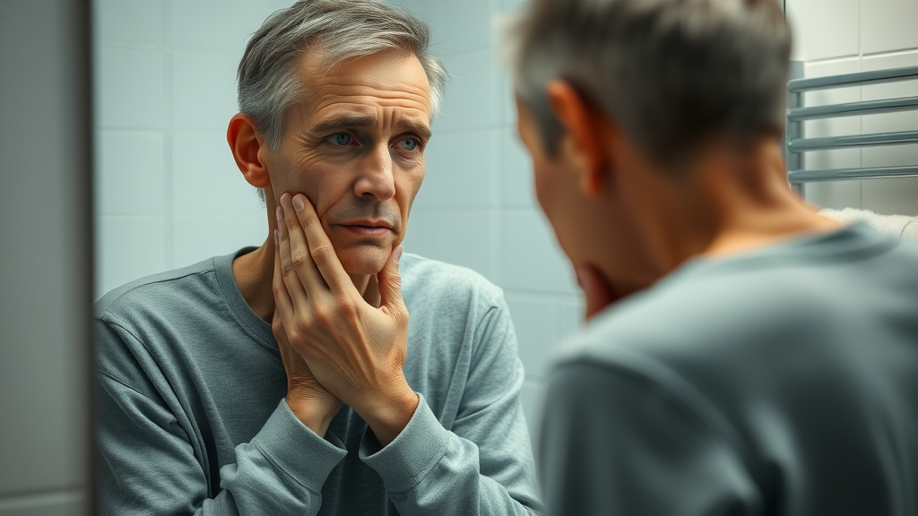 parent burnout raising teens, parent looking in mirror with sad expression, touching face, bathroom background