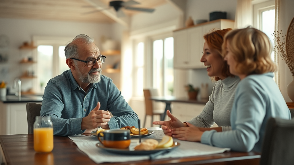 parent burnout raising teens, parents discussing roles at kitchen table with hopeful expressions, morning sunlight