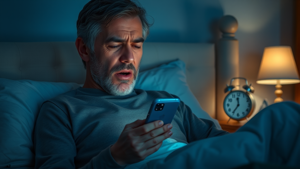 parent burnout raising teens, late-night parent with fatigued expression checking phone in dim bedroom