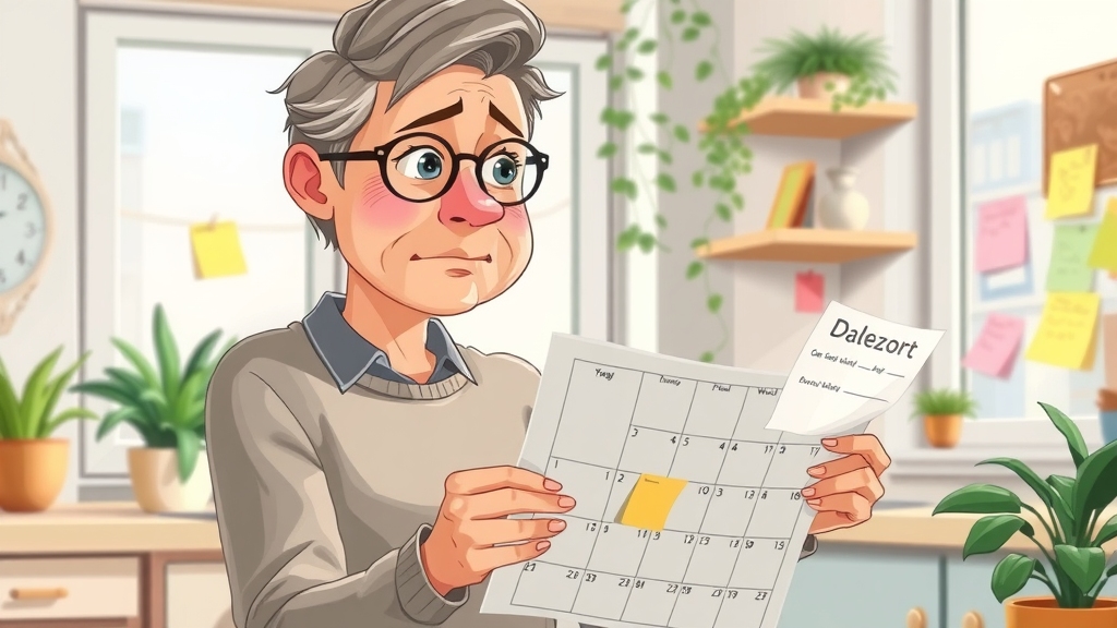parent burnout raising teens, parent looking at busy calendar surrounded by sticky notes, cartoon style, bright kitchen