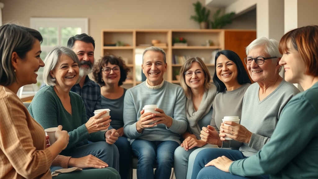 parent burnout raising teens, parents in a welcoming support group circle at a community center, photorealistic