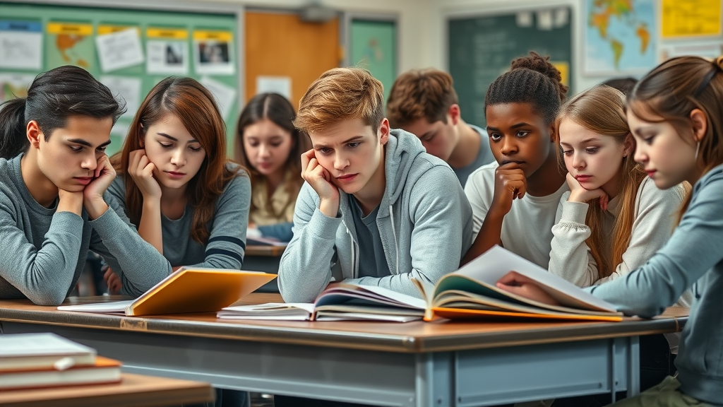concerned high school students discussing study problems around a desk in a classroom, high school study problems