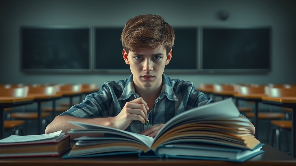 anxious high school student facing academic challenges, hands gripping pencil at desk, dim classroom, high school study problems
