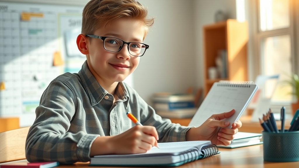 focused high school student practicing time management, writing in planner at organized desk, sunlight, high school study problems
