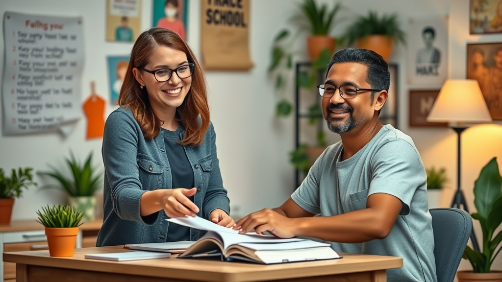 supportive teacher and parent guiding high school student, supportive home study environment, high school study problems