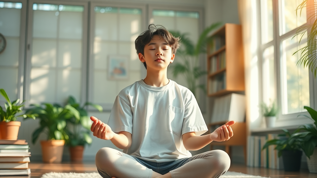 relaxed high school student meditating in study room, focusing on mental health, high school study problems