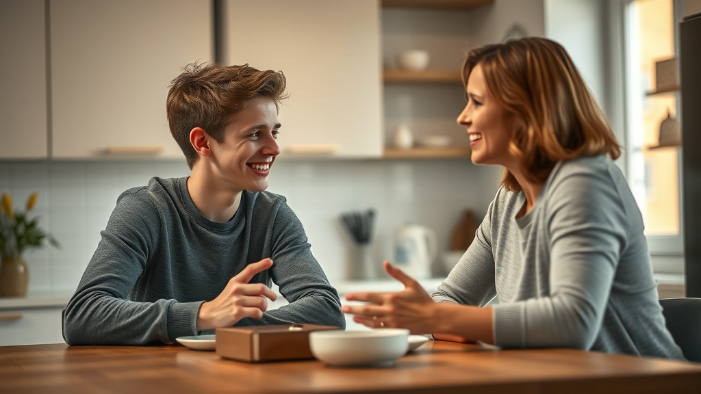 building trust with adolescents, family conversation, teen and adult making eye contact in cozy kitchen setting