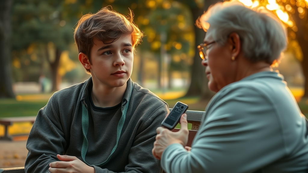 building trust with adolescents, thoughtful teen and attentive adult having conversation in park
