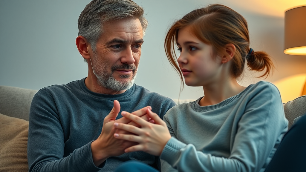 building trust with adolescents, compassionate adult practicing active listening with teenager on couch