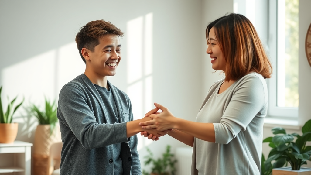 rebuilding trust with adolescents, hopeful teen and adult shaking hands after difficult conversation in therapy office