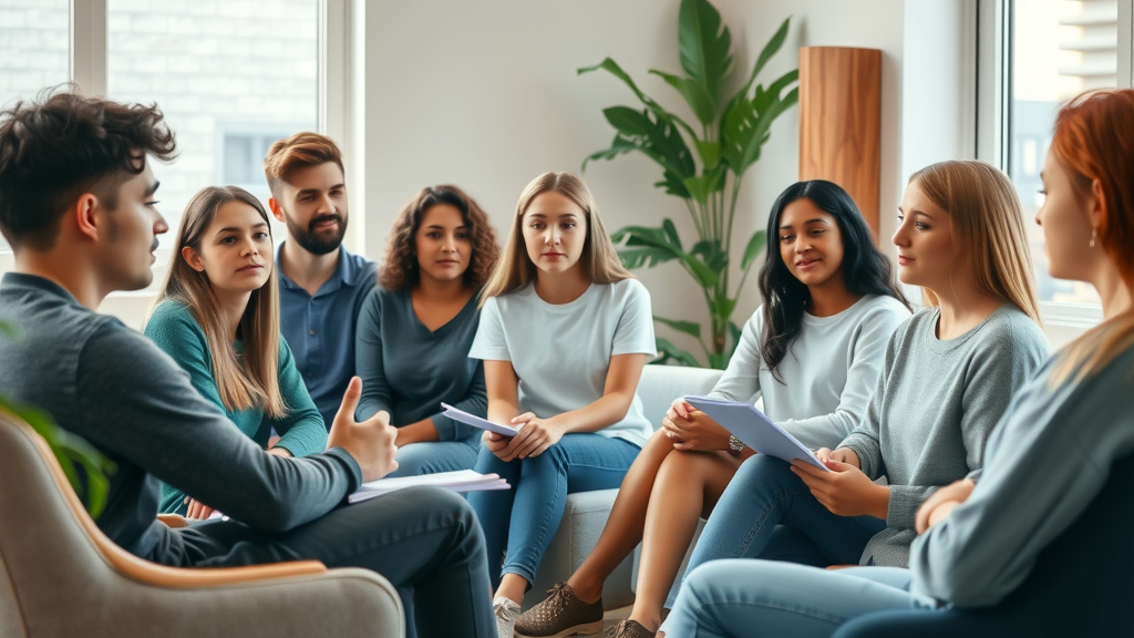Compassionate diverse group of teenagers sitting in a modern counseling room discussing professional treatment options for teen mental health. Neutral expressions, cozy setting, notebooks and plants visible, daylight streaming through windows.