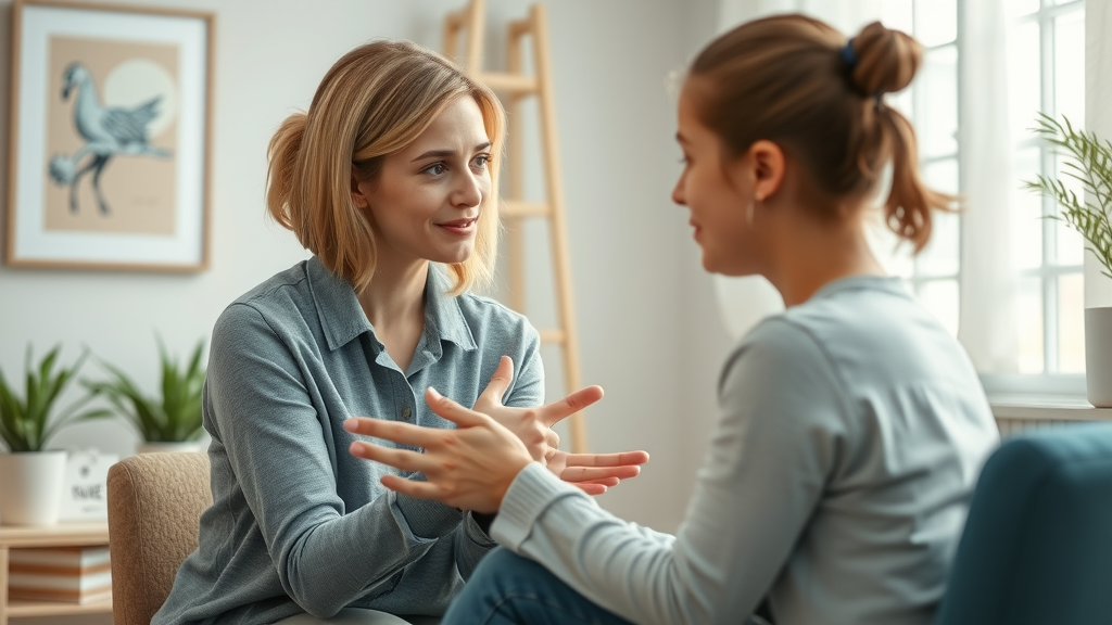 Caring female adolescent therapist supporting a teen during a therapy session in a calm, inviting office. Office features artwork, a potted plant, and bright, soft ambient lighting, emphasizing specialized support for teen mental health.