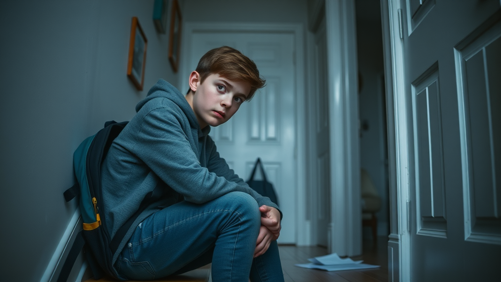 Worried teenage boy with anxious expression, sitting alone on stairs, representing warning signs that indicate a need for professional treatment options for teen mental health.