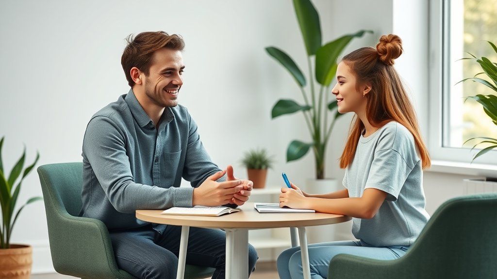 Young male therapist and teen girl engaging in an individual therapy session in a modern, minimalist office. Therapy sessions are one of the key professional treatment options for teen mental health.