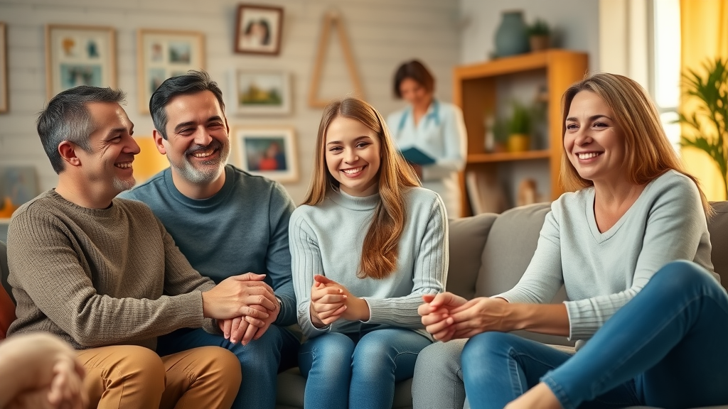 Supportive family therapy session with parents and a teenage girl holding hands, observed by a therapist. Family therapy plays a key role in effective professional treatment options for teen mental health.