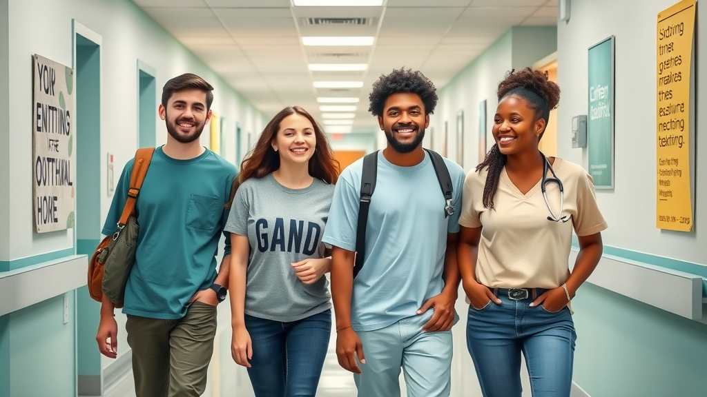 Diverse teens meeting with outpatient staff in a bright clinic hallway. Outpatient programs are one of the professional treatment options for teen mental health.