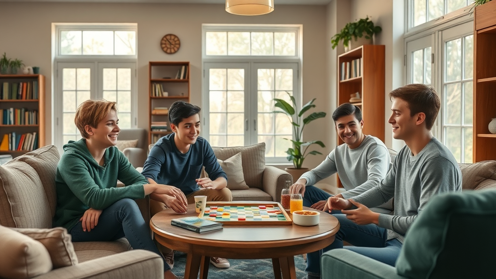 Teens in a residential treatment center playing board games in a cozy common room. This environment supports professional treatment options for teen mental health in a structured, home-like setting.