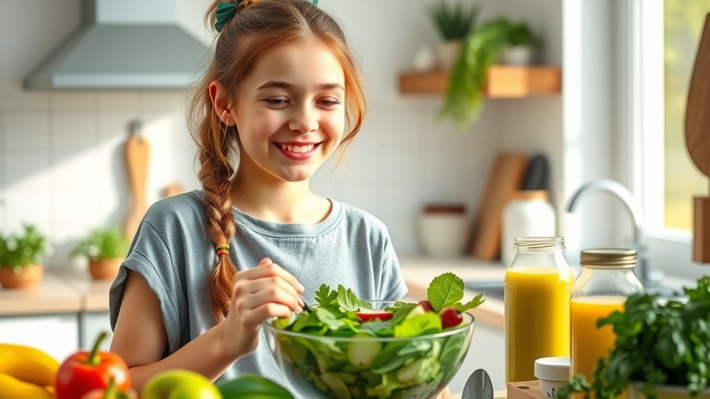 Healthy teenage girl serving a leafy salad in a modern sunlit kitchen, emphasizing holistic approaches within professional treatment options for teen mental health.