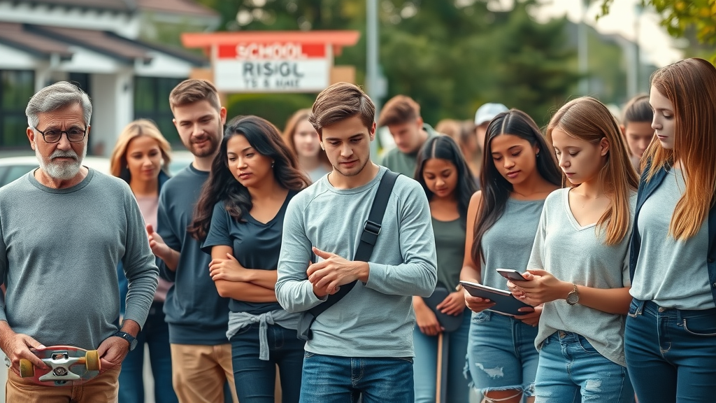 Concerned parents observing a diverse group of teenagers demonstrating teen risk taking behavior in a suburban neighborhood
