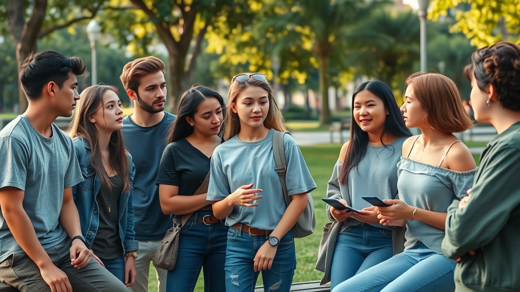 Diverse teenagers in park experiencing peer pressure and discussing risky behaviour related to teen risk taking behavior