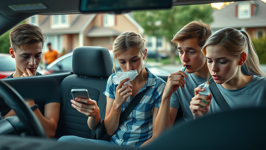 Teenagers engaged in various risky behaviours like texting while driving, vaping, and at an unsupervised party demonstrating teen risk taking behavior