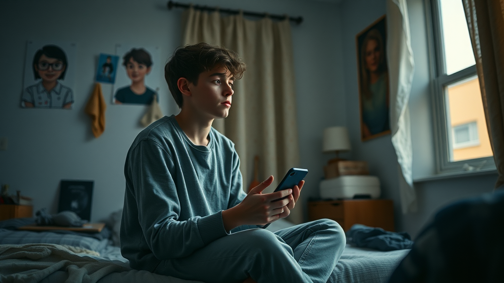 Teenager in dimly lit room clutching phone, suggesting anxiety and the connection between mental health and teen risk taking behavior