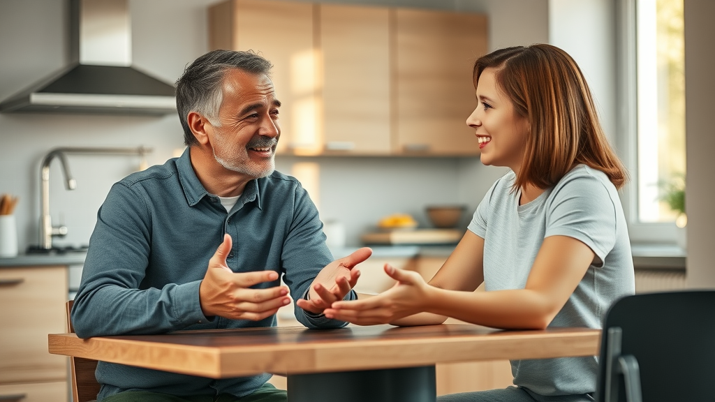 Supportive parent and teen discussing teen risk taking behavior at kitchen table with open body language