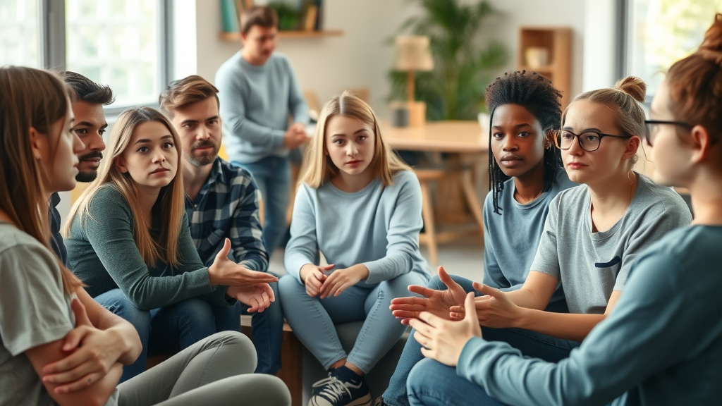 Teen mental health support group, diverse teenagers with thoughtful expressions in a supportive meeting, photorealistic, bright community center