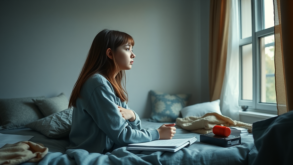Teen struggling with mental health, alone in bedroom looking thoughtful, photorealistic, scattered homework, muted light, realistic details